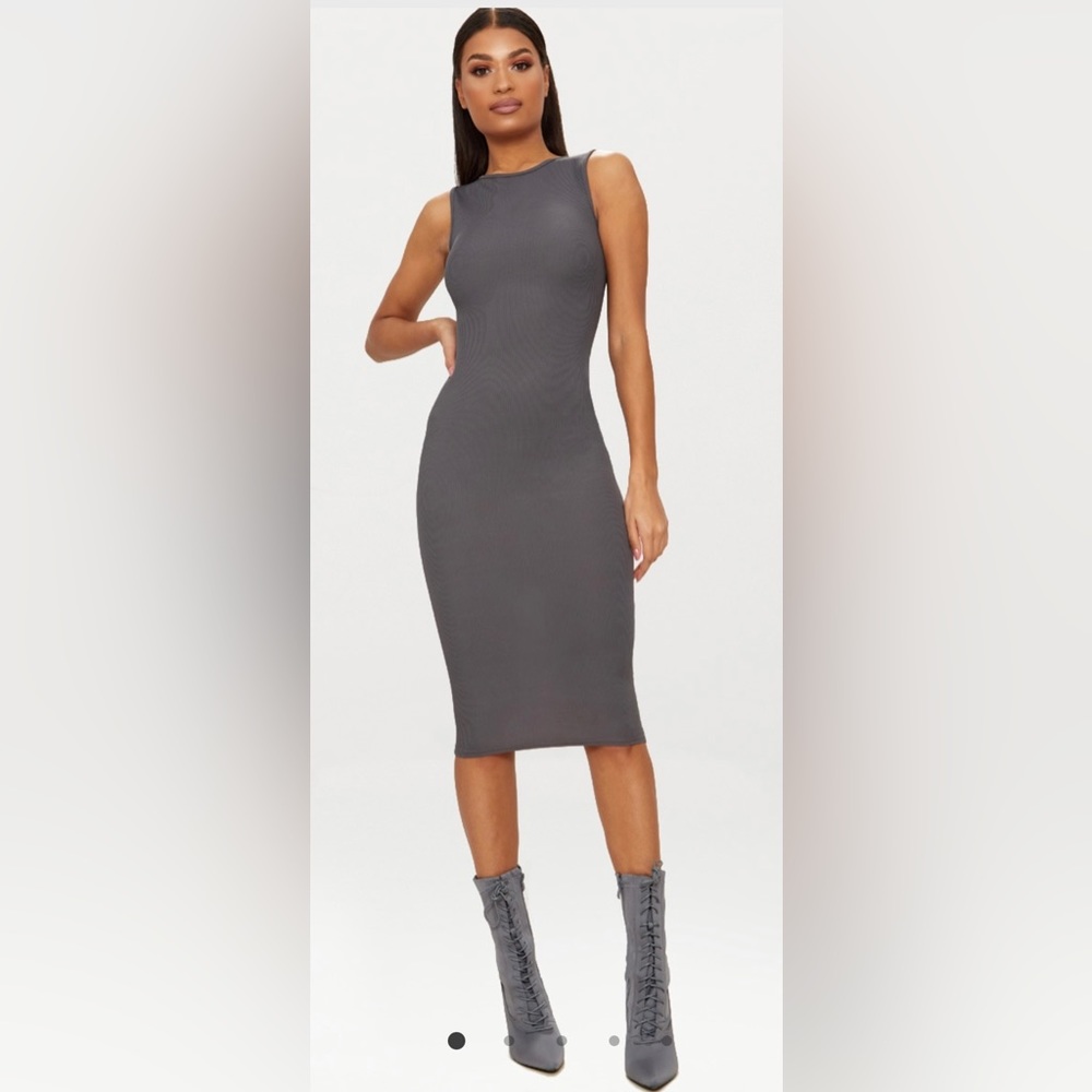 PrettyLittleThing Basic Charcoal Grey Ribbed Midi Dress